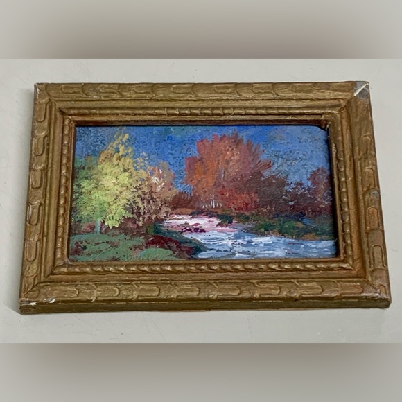 Antique Miniature Gold Painted Wooden Framed Original Nature Scene Oil Painting - Picture 15 of 16